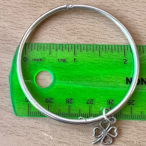 VINTAGE 850 SILVER CHILD BANGLE BRACELET WITH SHAMROCK CHARM SECURE LOCK UNIQUE